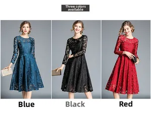 Comparaison détaillée des robes en dentelle à manches longues en bleu, noir et rouge