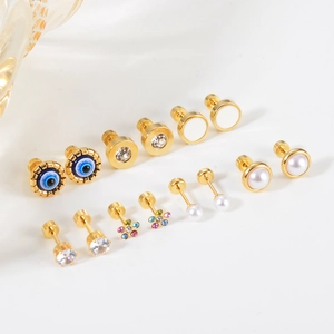 Minimalist gold stainless steel earring set with pearls and colorful zircon flower shapes