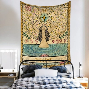 Macro view of The Star tarot tapestry showing vintage sun symbols and mystical patterns