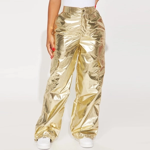 Close-up of metallic gold cargo pants featuring high waist and adjustable drawstring cuffs