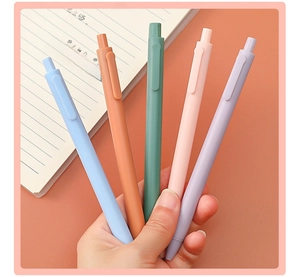 Hand holding a set of 5 Morandi colored retractable gel pens for office and study use