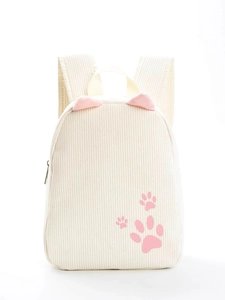 Cute beige corduroy kids backpack with pink cat ears and paw prints for kindergarten