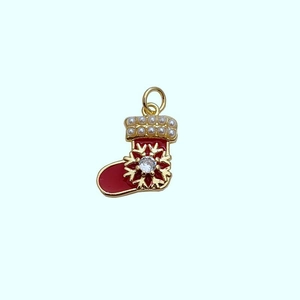Christmas stocking pendant in red enamel with golden snowflake and pearl details
