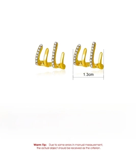 Detail specifications of golden four-claw earrings with diamond inlay and 1.3cm width