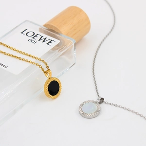 Minimalist stainless steel necklaces with round natural shell pendants in gold and silver
