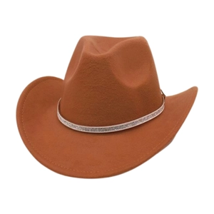 Detail of silver rhinestone band on brown wool western cowboy hat with wide brim