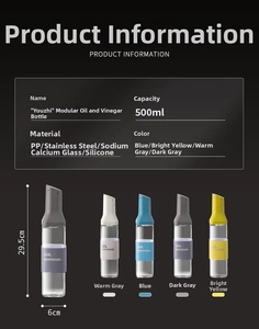 Detailed specification of 500ml glass oil dispenser bottle with dimensions and materials