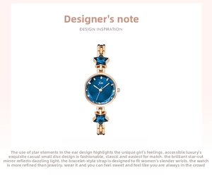 Close-up of rose gold watch with blue star-shaped crystals and matching bracelet