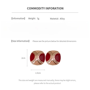 Detailed size and material info for vintage red enamel geometric earrings in gold alloy