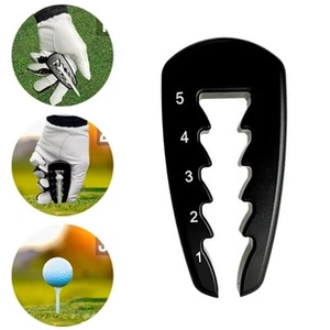 Detailed view of black adjustable golf tee setter with numeric height markers 1-5