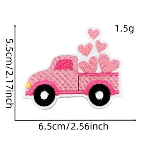 Detailed embroidery view of a pink truck patch showing size 5.5x6.5cm and texture