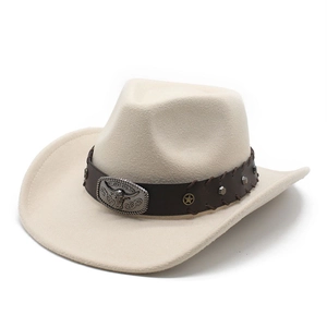 Detail of wool cowboy hat with leather band, metallic bull head and star studs