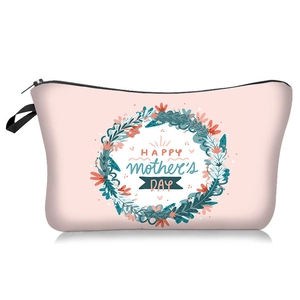 Pink Mother's Day makeup bag with digital flower wreath print and black zipper