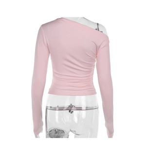 Macro view of the slim fit pink off-shoulder top showing side ruched pleat details