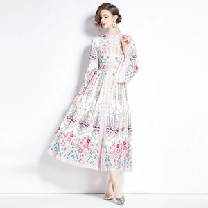 Ethnic stand collar maxi dress with floral print and button-front slit detail