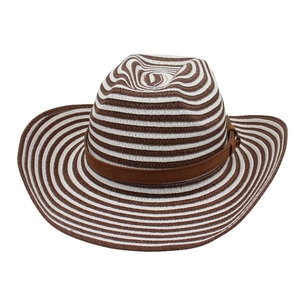 Mens breathable wide brim straw cowboy hat with brown and white stripes for summer beach