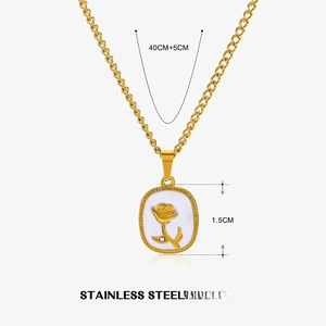 18K gold plated stainless steel necklace with rose flower relief pendant on white background