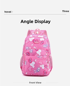 Front view of girls school backpack with pink cartoon rabbit and love heart prints