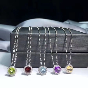 Set of five colorful S925 sterling silver necklaces with round natural gemstones pendants