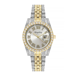 Damen Luxus Quarzuhr Und Armband Mit Strass Zweifarbig Legierung Analog Kalender Mode Elegant Damen Geschenk