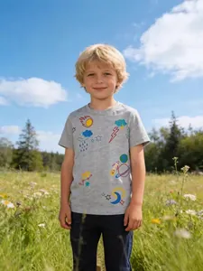 T-Shirt À Manches Courtes Thème Espace Garçons Coton Respirant Haut Été Imprimé Fusée Planète Gris Col Rond