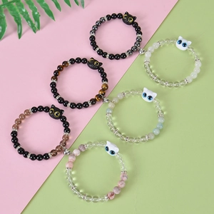 Magnetic cat couple bracelets with obsidian and natural crystal beads in a 3-pair set
