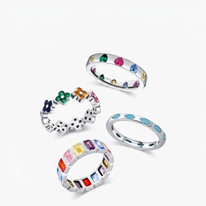 925 Sterling Silver Ring Colorful Zircon Heart Four Leaf Clover Rainbow Turquoise Versatile Fashion Jewelry For Women