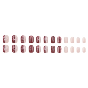 Sparkling dark red and pink press-on nails with bow patterns and glitter finish