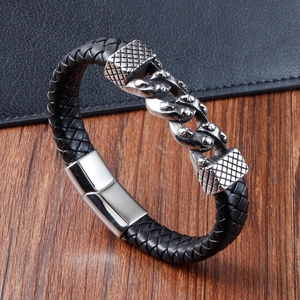 Bracelet punk tressé en cuir pour homme avec chaîne cubaine en acier et fermoir magnétique