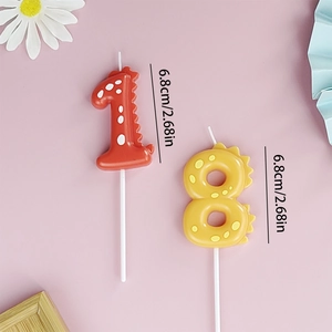 Cartoon dinosaur number 1 and 8 birthday candles in bright red and yellow colors