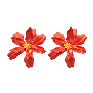 Chic red acrylic flower stud earrings with yellow centers for beach vacation style