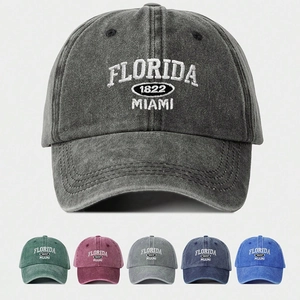 Washed Polyester Baseball Cap Vintage Florida Miami Embroidery Adjustable Sun Protection Retro Dad Hat For Women Men