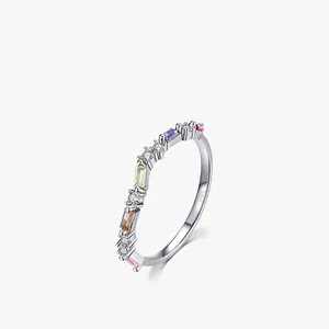 Wave Rainbow Ring 925 Sterling Silver Colorful Cubic Zirconia Stackable Minimalist Band For Women Fashion Jewelry