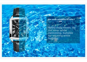 Waterproof quartz watch with black roman dial and leather strap over water ripples