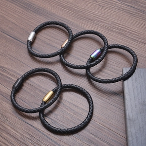 Braided Leather Bracelet With Stainless Steel Magnetic Clasp Punk Style Handwoven Bangle For Men Women
