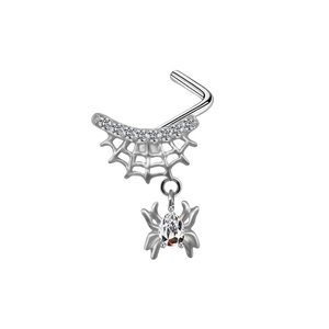 Silver spider web nose stud with crystal pendant made of durable stainless steel