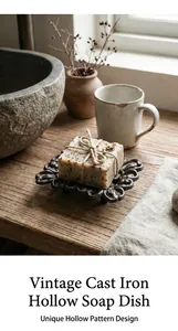 Detail of vintage cast iron soap dish with ornate hollow pattern in a rustic garden setting
