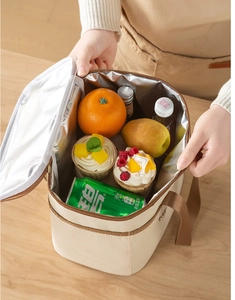 Interior detail of insulated lunch bag with thick aluminum foil lining and fresh fruits