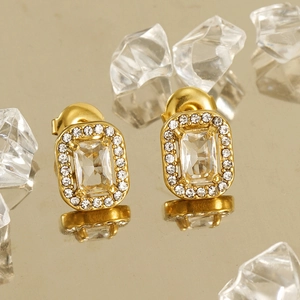 Gold stainless steel double layer rectangular stud earrings with zircon crystals