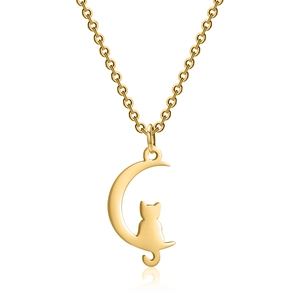 Minimalist gold moon cat pendant necklace in stainless steel with cross chain on white background