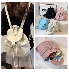 Collage of nylon backpack showing four color options, fit on model, and interior storage