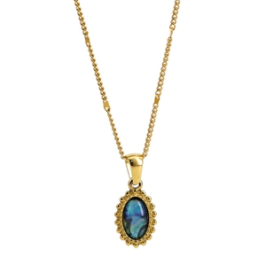 Bohemian gold stainless steel necklace with oval abalone shell pendant and beaded edge