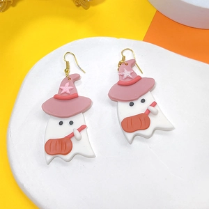 Detail of handmade clay ghost earring with pink witch hat and pumpkin for Halloween