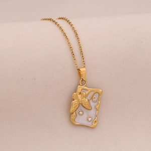 Gold butterfly bow necklace with white enamel and sparkling rhinestones for women