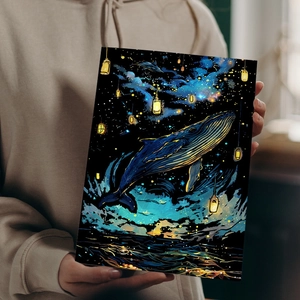 Luminous A4 scratch art poster featuring a hand-painted whale with starry sky elements