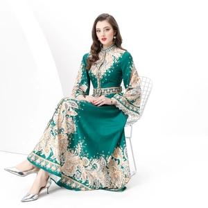 Vintage dark green floral maxi dress with golden baroque prints and elegant stand collar