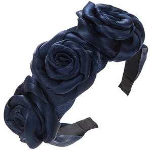 Serre-tête élégant en satin bleu marine avec décorations de roses 3D faites à la main
