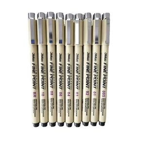 Set of 9 beige archival ink fineliners for drawing and architectural sketching on white background