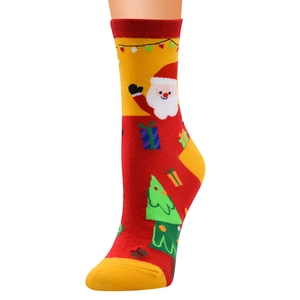 Detail of Christmas mid-calf sock featuring Santa Claus, holiday tree and gift box patterns
