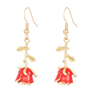 Elegant 3D red rose drop earrings with gold-finished stems on a clean white background
